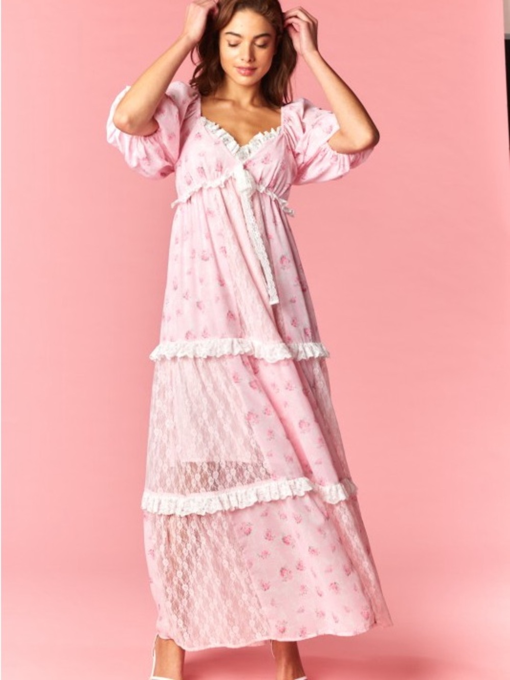 Pink Lace Tiered Maxi Dress with Puff Sleeves - Picture 2 of 14